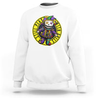 White voodoo doll Mardi Gras sweatshirt, crewneck with colorful circular front graphic