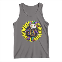 Grey sleeveless tank top with circular cartoon skull and Mardi Gras beads graphic