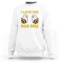 White crewneck sweatshirt with “I LOVE HER BOO BEES” ghost graphic
