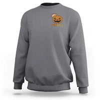 Charcoal gray crewneck sweatshirt with small pumpkin crown "Pump Queen" chest graphic.