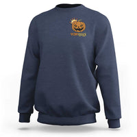 Navy crewneck sweatshirt with small pumpkin crown "Pump Queen" chest graphic.