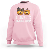 Light pink Halloween sweatshirt with orange jack-o-lantern graphic and “I LOVE HIS BROOM STICK” text
