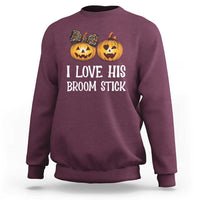 Maroon Halloween sweatshirt with orange jack-o-lantern graphic and “I LOVE HIS BROOM STICK” text