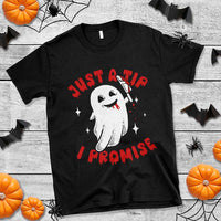 Black Halloween T-shirt with white ghost graphic and red “Just the Tip / Promise” text