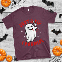 Maroon Halloween T-shirt with white ghost graphic and red “Just the Tip / Promise” text