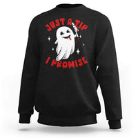 Funny Halloween sweatshirt in black with cute ghost graphic and red text on front