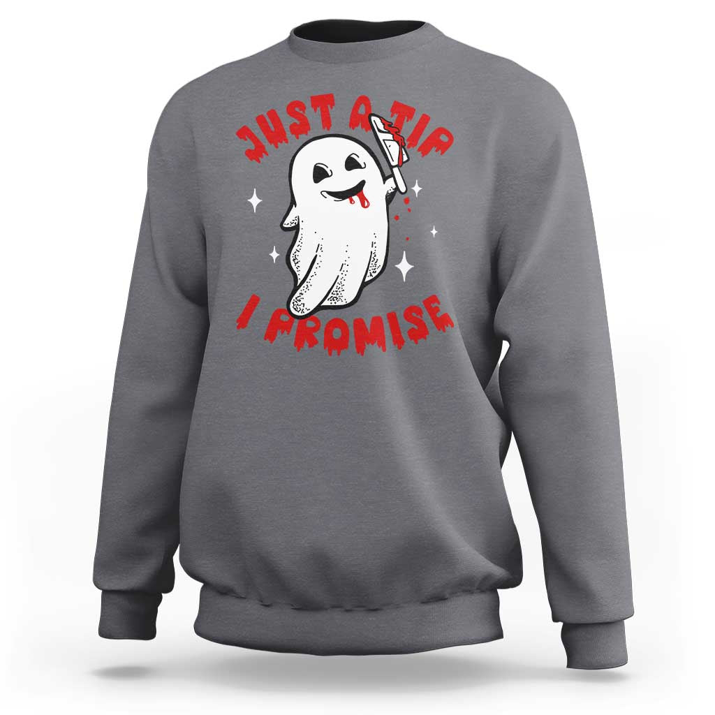 Funny Halloween sweatshirt in charcoal gray with cute ghost graphic and red text on front
