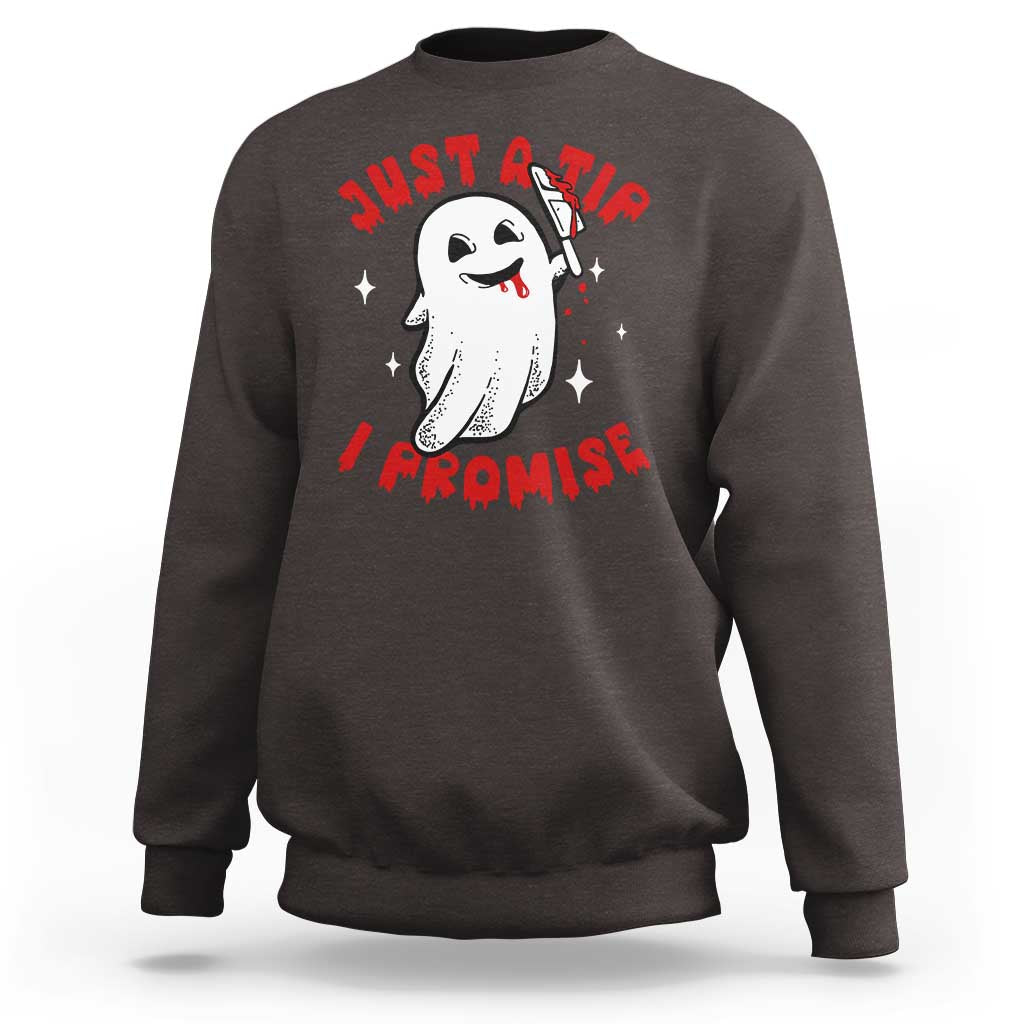 Funny Halloween sweatshirt in dark charcoal brown with cute ghost graphic and red text on front