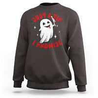 Funny Halloween sweatshirt in dark charcoal brown with cute ghost graphic and red text on front