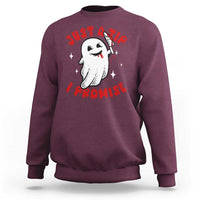 Funny Halloween sweatshirt in maroon with cute ghost graphic and red text on front