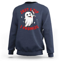 Funny Halloween sweatshirt in navy blue with cute ghost graphic and red text on front