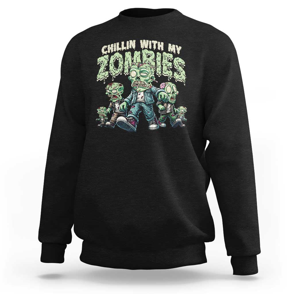Black Halloween sweatshirt with zombie graphic and text, crewneck long sleeves
