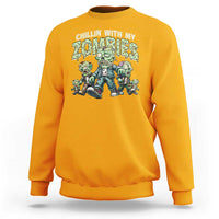 Gold Halloween sweatshirt with zombie graphic and text, crewneck long sleeves