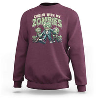 Maroon Halloween sweatshirt with zombie graphic and text, crewneck long sleeves