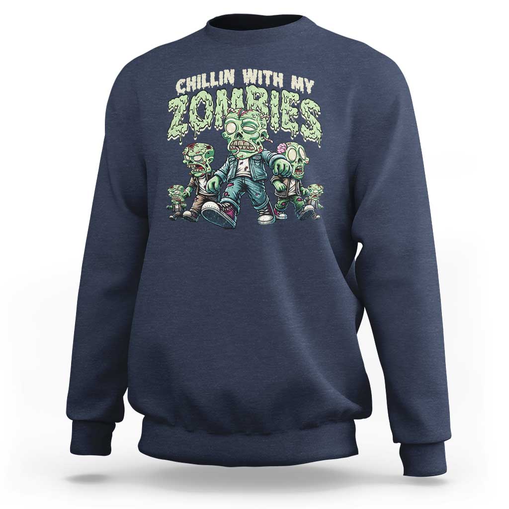Navy Halloween sweatshirt with zombie graphic and text, crewneck long sleeves