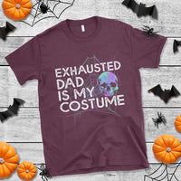 Halloween t-shirt, maroon crewneck with skull graphic and 'Exhausted Dad Is My Costume'