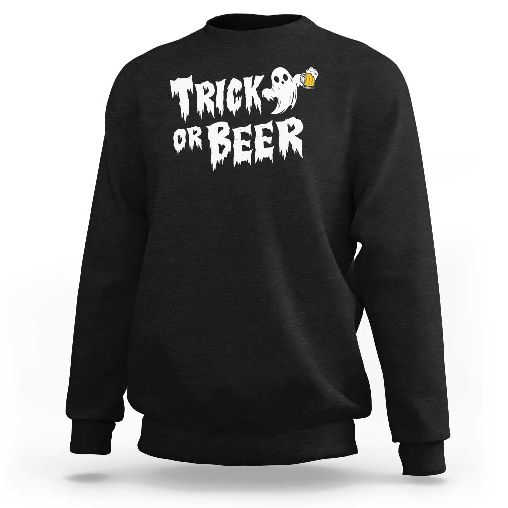 Black Halloween sweatshirt with Trick or Beer ghost and beer graphic on chest