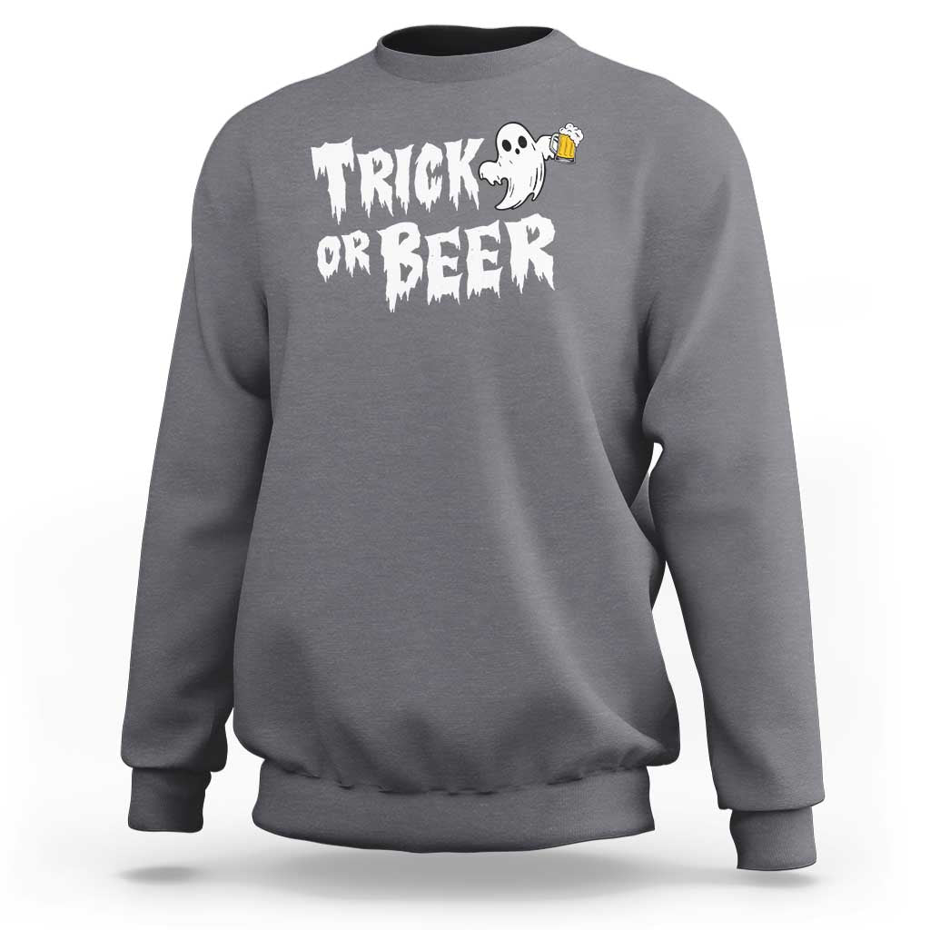 Charcoal gray Halloween sweatshirt with Trick or Beer ghost and beer graphic on chest