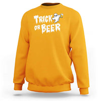 Gold Halloween sweatshirt with Trick or Beer ghost and beer graphic on chest