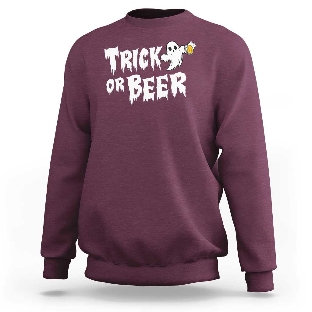 Maroon Halloween sweatshirt with Trick or Beer ghost and beer graphic on chest