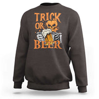 Dark chocolate Halloween sweatshirt with orange 'Trick or Beer' skeleton and beer mug front print