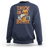 Navy Halloween sweatshirt with orange 'Trick or Beer' skeleton and beer mug front print
