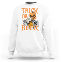 White Halloween sweatshirt with orange 'Trick or Beer' skeleton and beer mug front print
