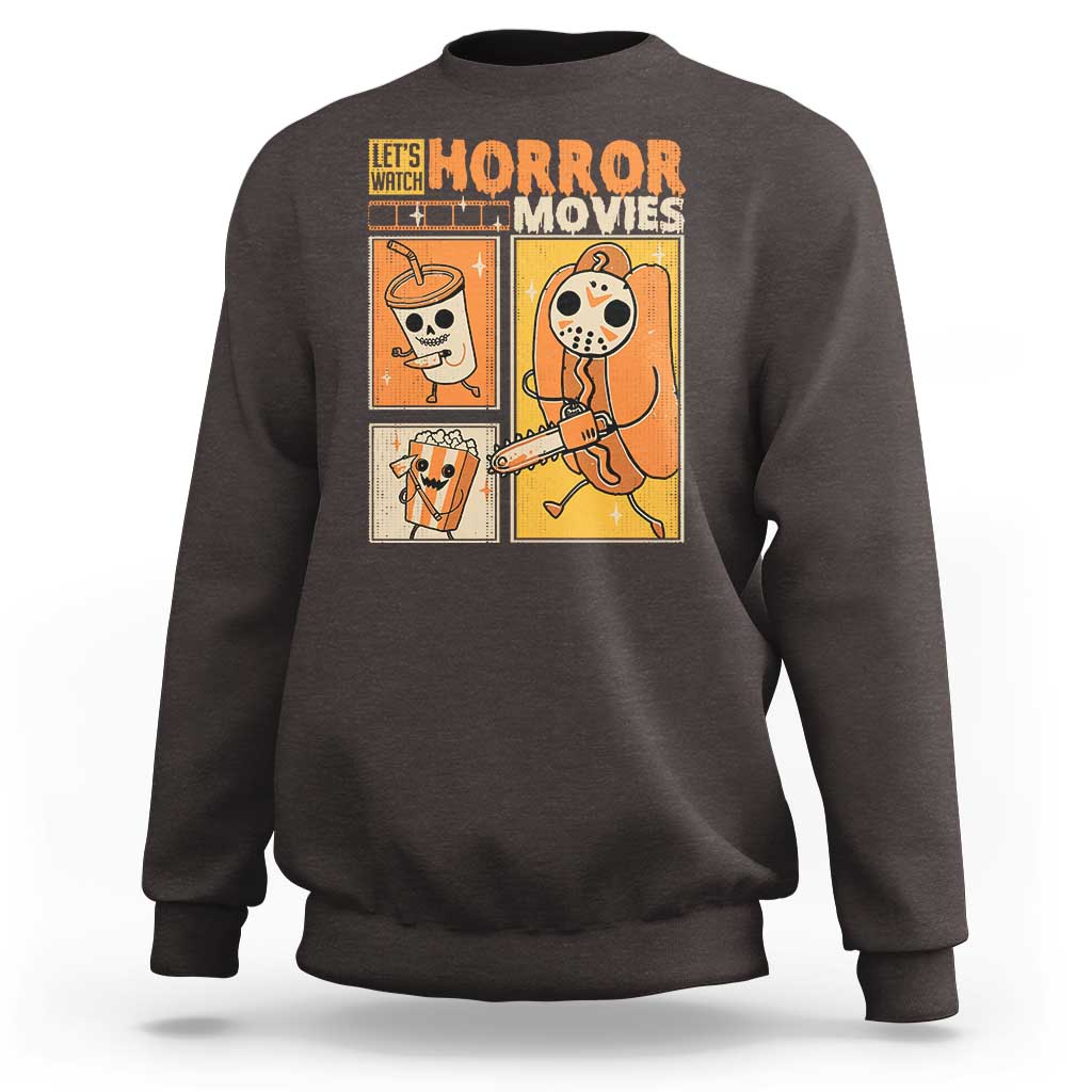 Dark chocolate crewneck sweatshirt with 'Let's Watch Horror Movies' graphic on back