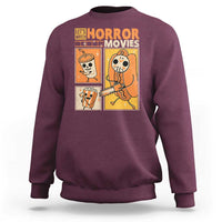 Maroon crewneck sweatshirt with 'Let's Watch Horror Movies' graphic on back