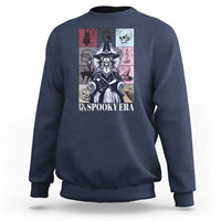 Halloween witch sweatshirt in blue with front witch graphic and text