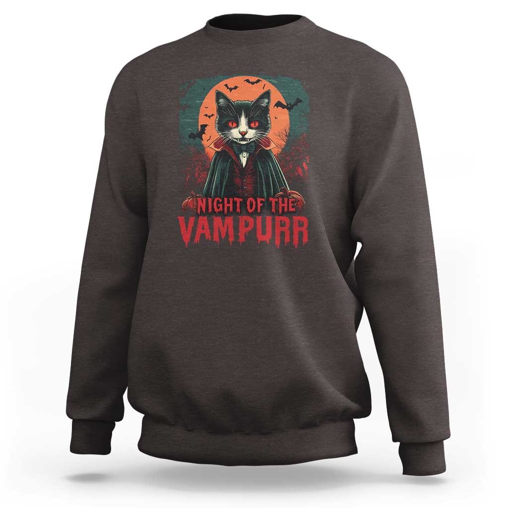 Dark chocolate heather sweatshirt with vampire cat front graphic and 'Night of the Vampurr' text