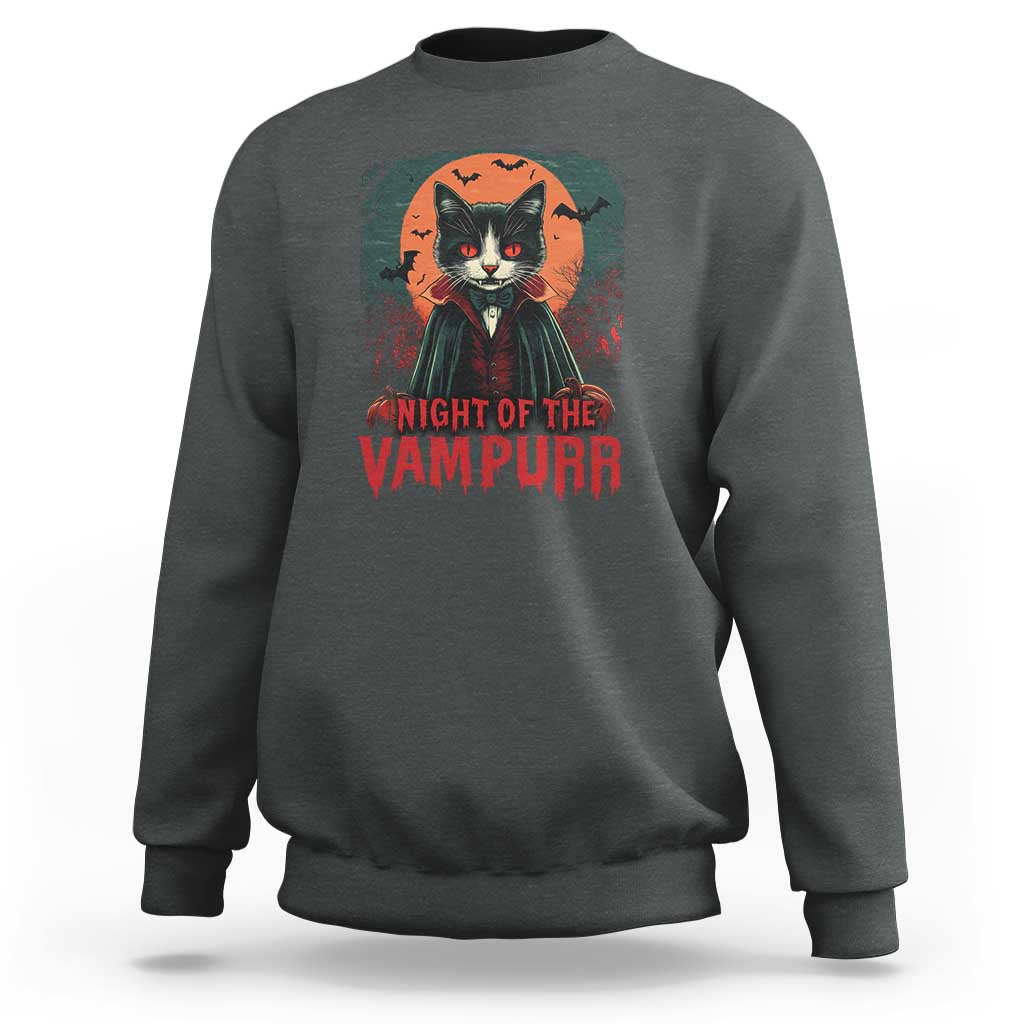 Dark heather sweatshirt with vampire cat front graphic and 'Night of the Vampurr' text