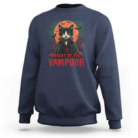 Navy sweatshirt with vampire cat front graphic and 'Night of the Vampurr' text