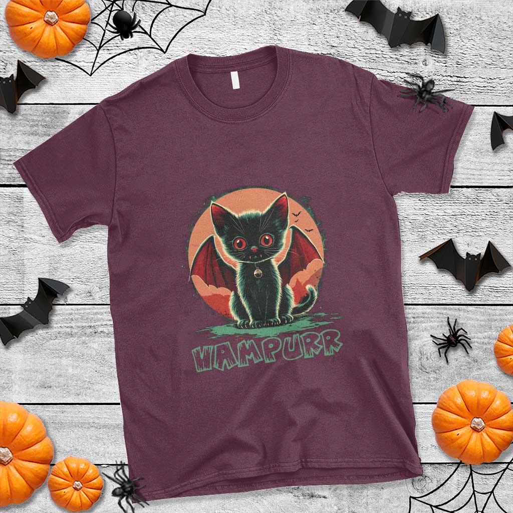 Maroon t-shirt with cartoon vampire cat graphic and VAMPURR text