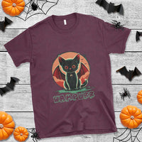 Maroon t-shirt with cartoon vampire cat graphic and VAMPURR text