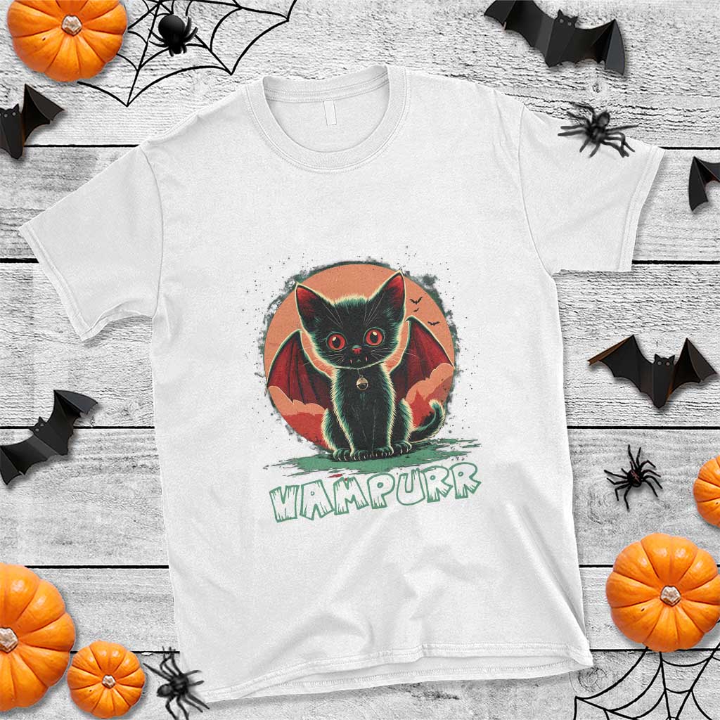 White t-shirt with cartoon vampire cat graphic and VAMPURR text