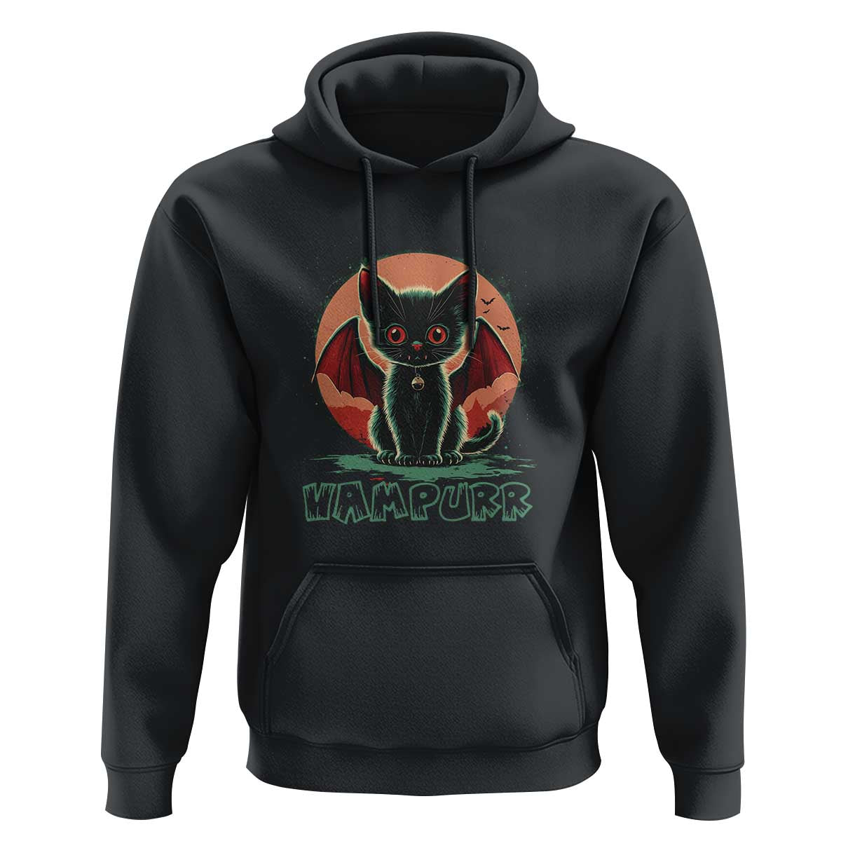 Black vampire cat hoodie with front hood and graphic print, kangaroo pocket