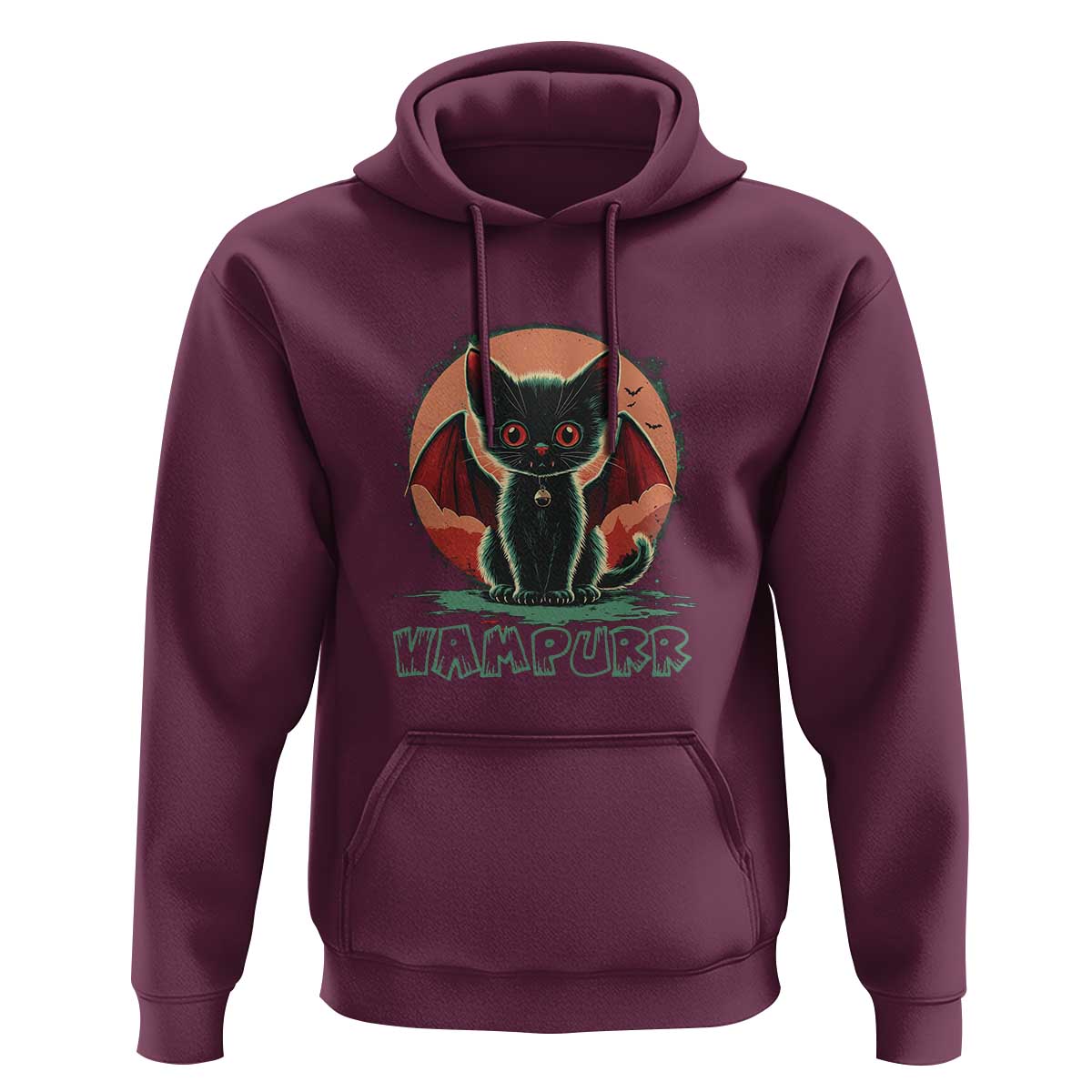 Maroon vampire cat hoodie with front hood and graphic print, kangaroo pocket