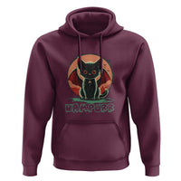 Maroon vampire cat hoodie with front hood and graphic print, kangaroo pocket