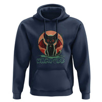 Navy vampire cat hoodie with front hood and graphic print, kangaroo pocket