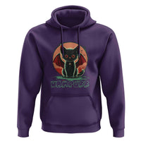 Purple vampire cat hoodie with front hood and graphic print, kangaroo pocket