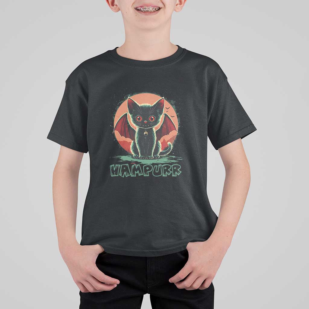 Kids vampire cat graphic t-shirt, dark gray/black with orange bat-wing design