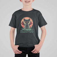 Kids vampire cat graphic t-shirt, dark gray/black with orange bat-wing design