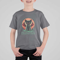 Kids vampire cat graphic t-shirt, charcoal gray with green bat-wing cat print