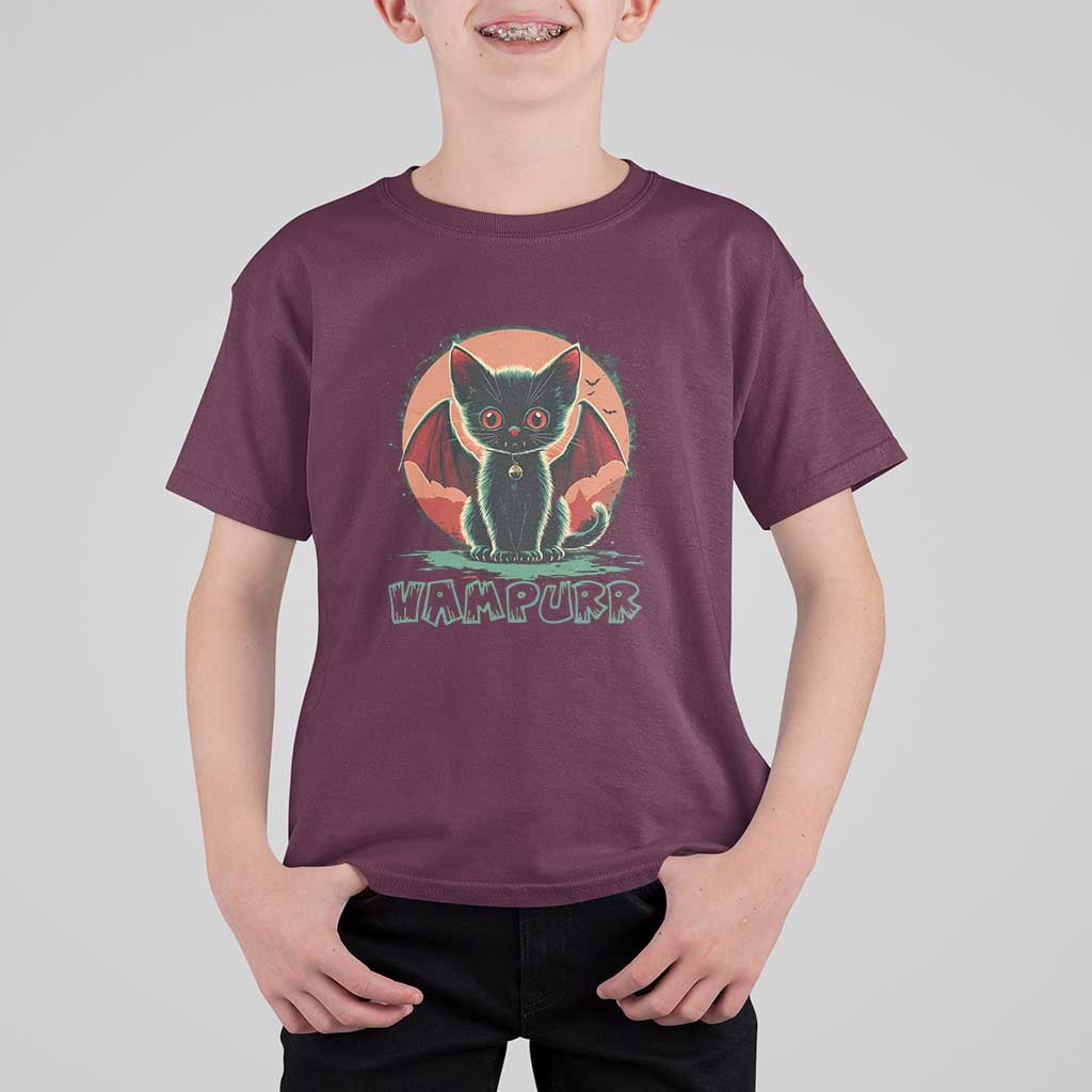 Kids vampire cat graphic t-shirt, maroon with orange bat-wing cat print