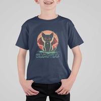 Kids vampire cat graphic t-shirt, navy blue with orange bat-wing cat print