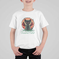 Kids vampire cat graphic t-shirt, white with orange bat-wing cat print