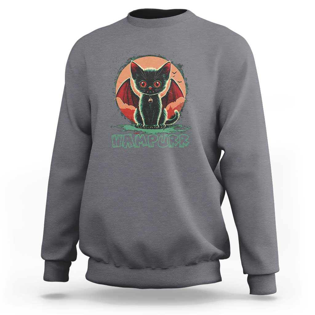 Gray vampire cat sweatshirt with “VAMPURPK” graphic and bat wings, crewneck.