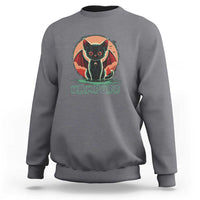 Gray vampire cat sweatshirt with “VAMPURPK” graphic and bat wings, crewneck.