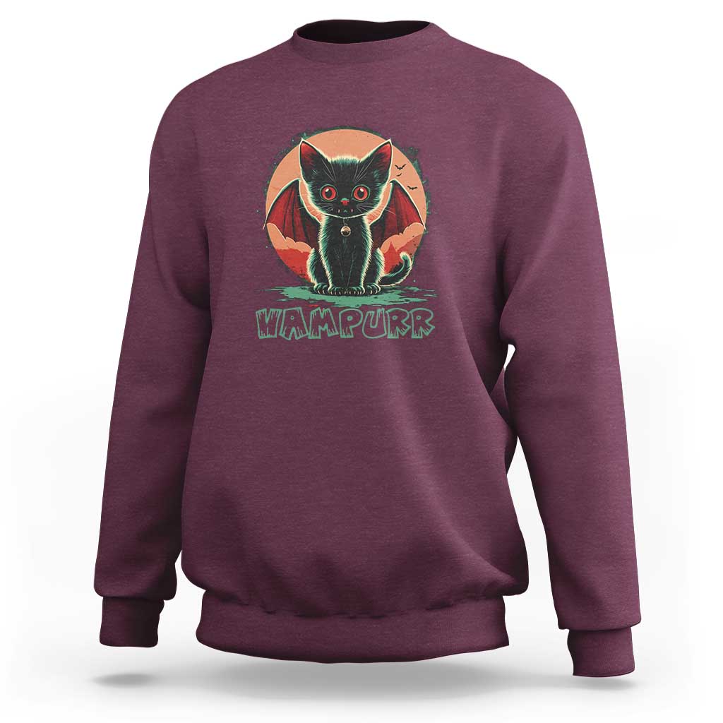 Maroon vampire cat sweatshirt with “VAMPURPK” graphic and bat wings, crewneck.